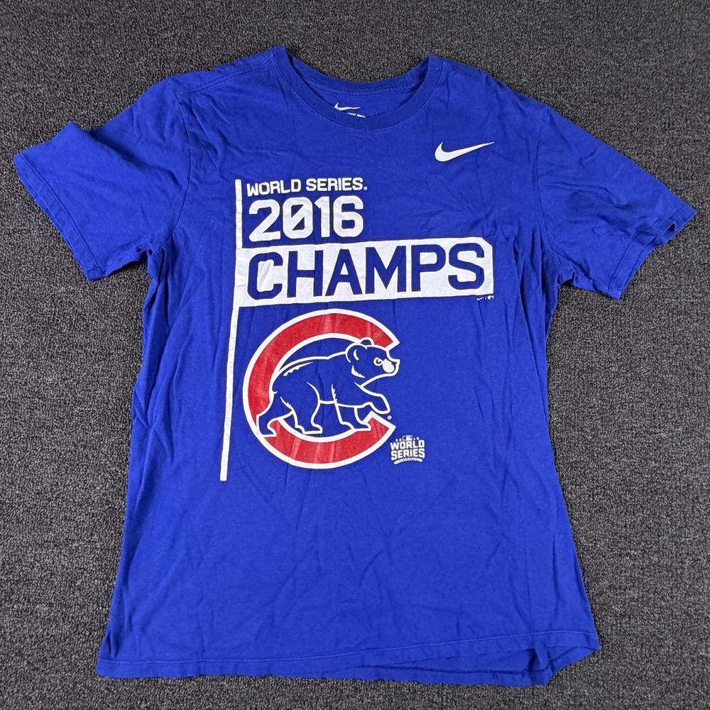 Chicago Cubs Nike T-Shirt Mens L Blue MLB Baseball 2016 World Series Champs EUC